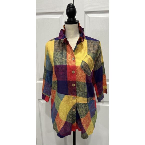 TERRA SJ APPAREL Multicolor Ruffle Standup Collar Flared Tunic Top Size Small - Picture 1 of 7